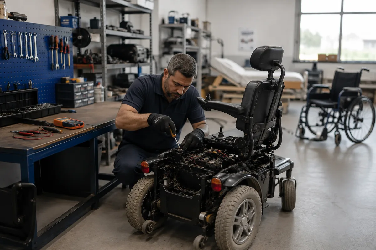 Técnico a reparar uma cadeira de rodas elétrica na oficina de assistência