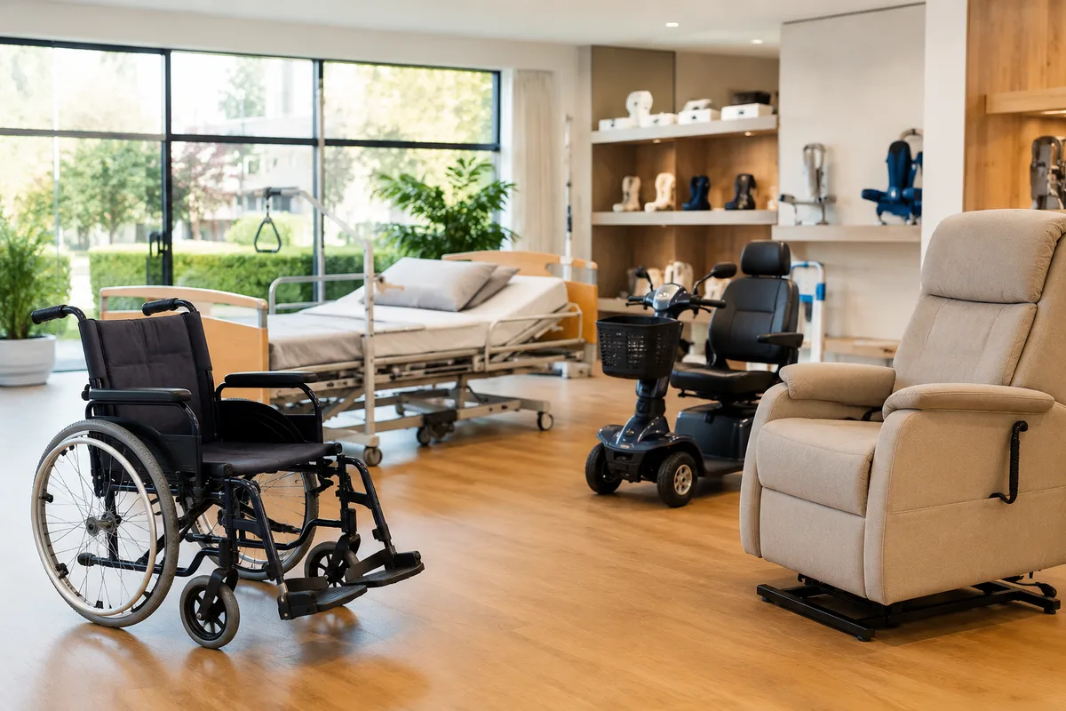 Cadeira de rodas, cama articulada, scooter e poltrona reclinável em exposição